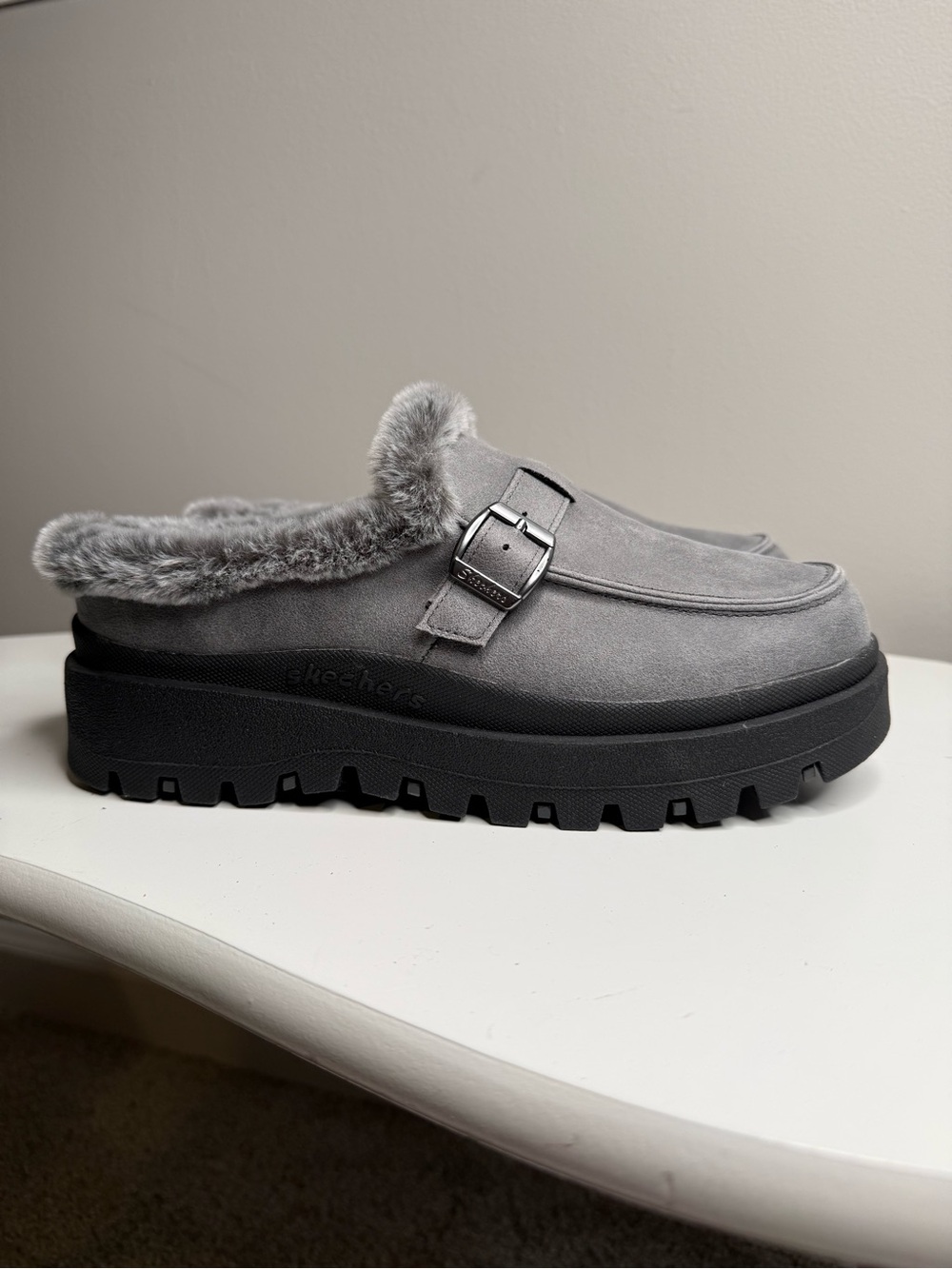 Skechers Gray Faux-Fur Platform Mule